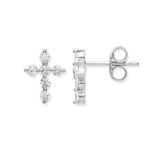 Silver Cubic Zirconia Small Cross Stud Earrings