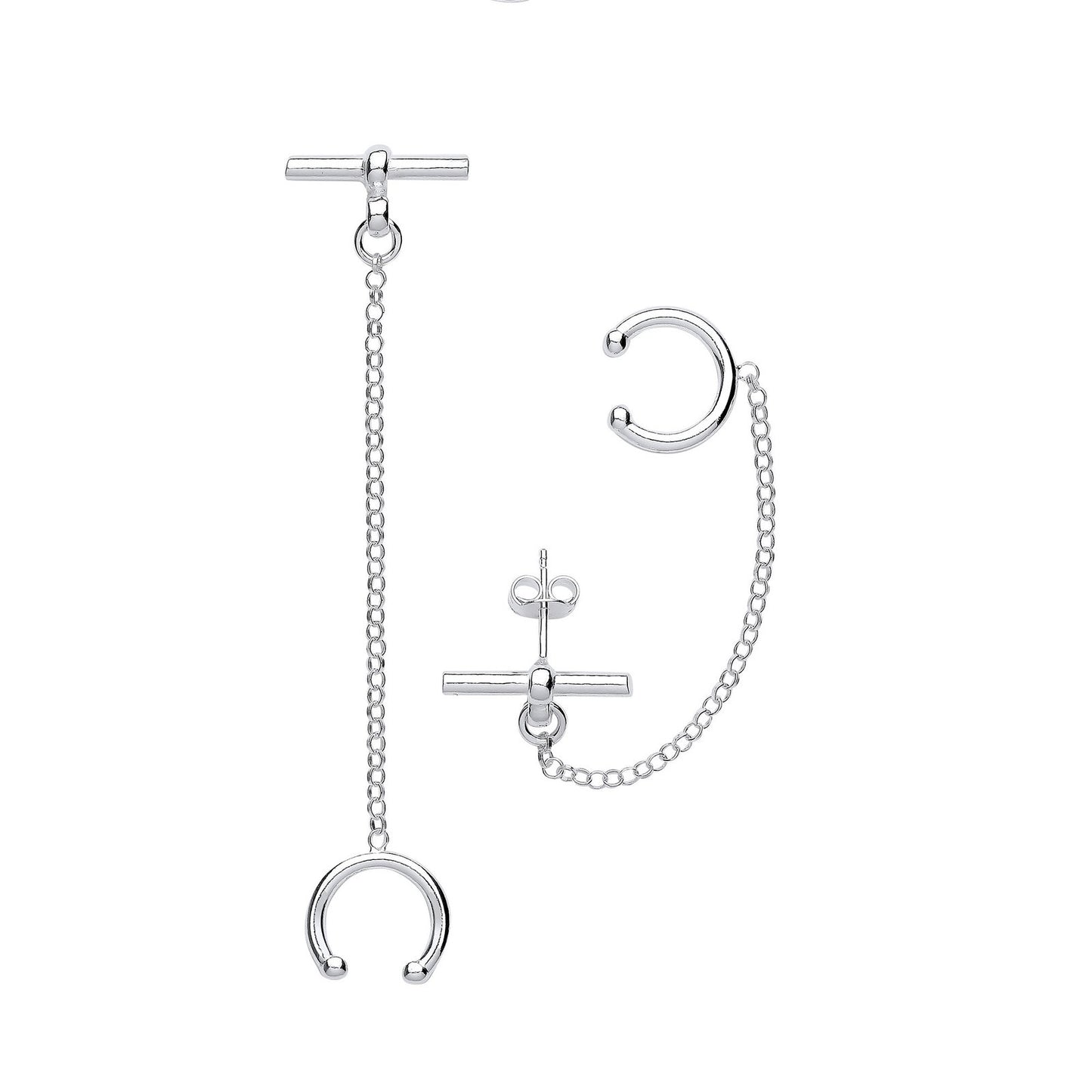 Silver T-bar With Chain Ear Cuff Earrings