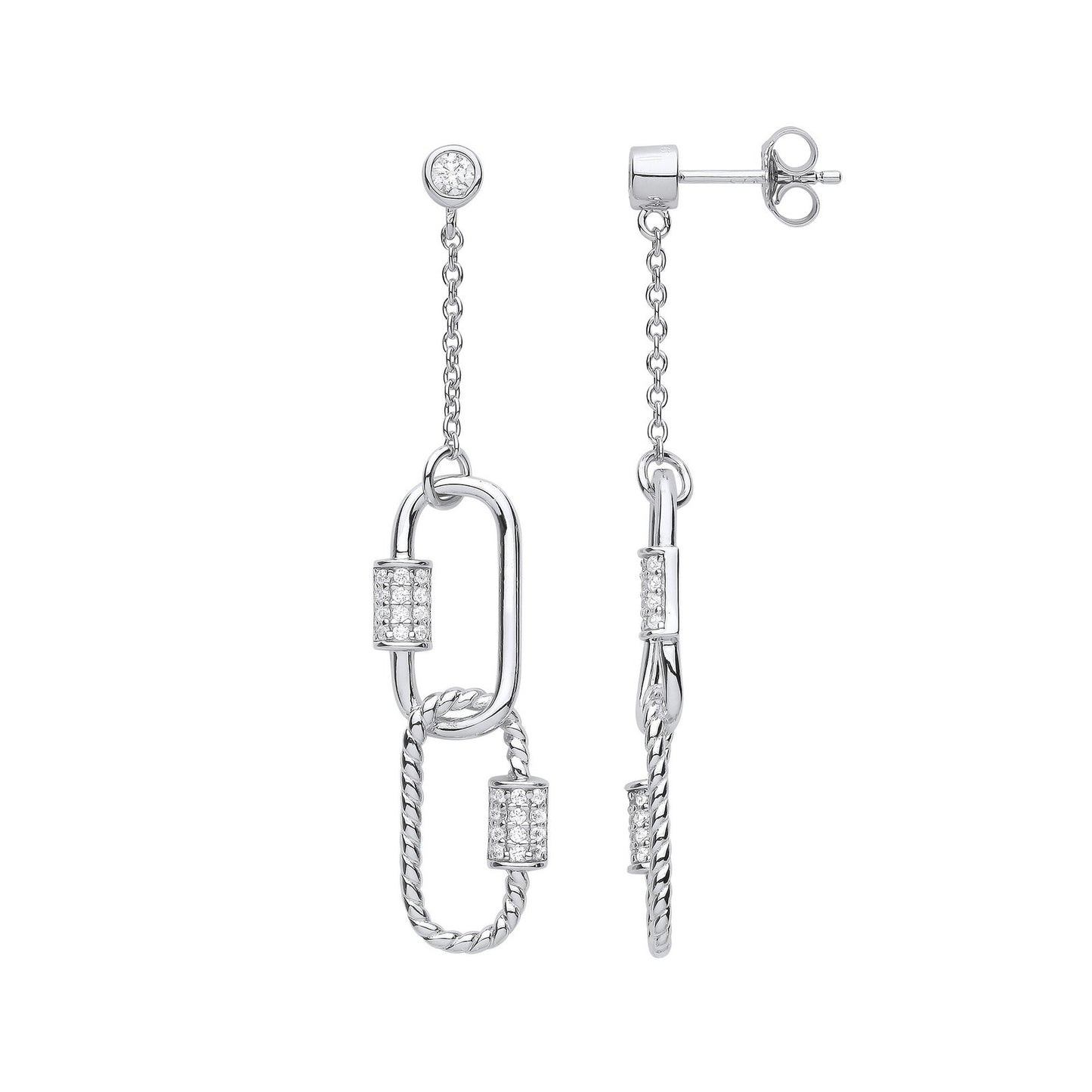 Silver Paper Clip Cubic Zirconia Drop Earrings