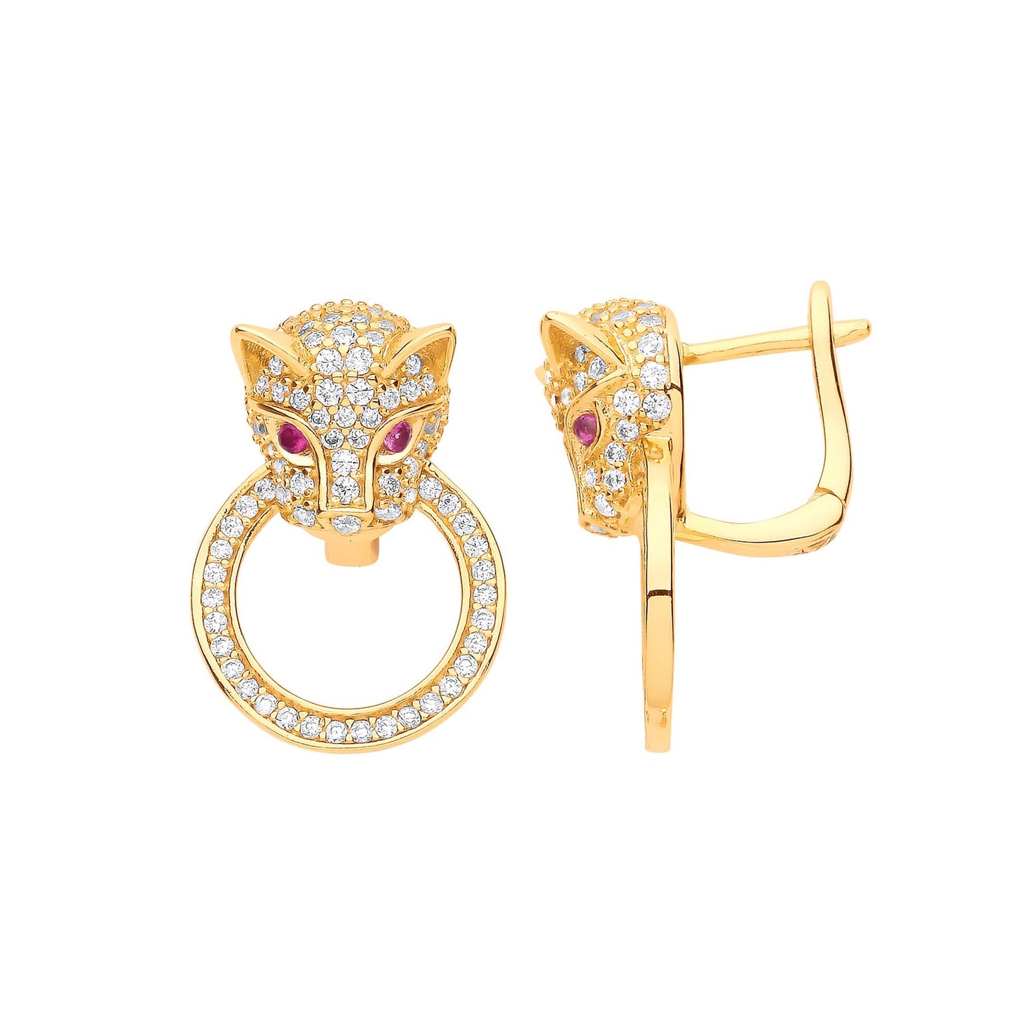 Silver Yellow Gold Plated Cubic Zirconia Jaguar Door Knocker Drop Earrings