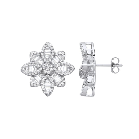 Silver Cubic Zirconia Big Flower Studs