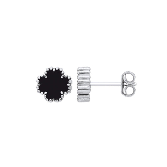 Silver Black Enamel Four Leaf Clover Studs