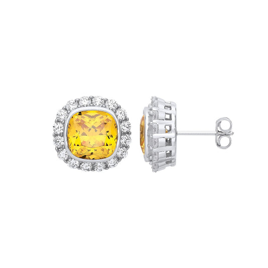 Silver Yellow Cubic Zirconia Halo Stud Earrings