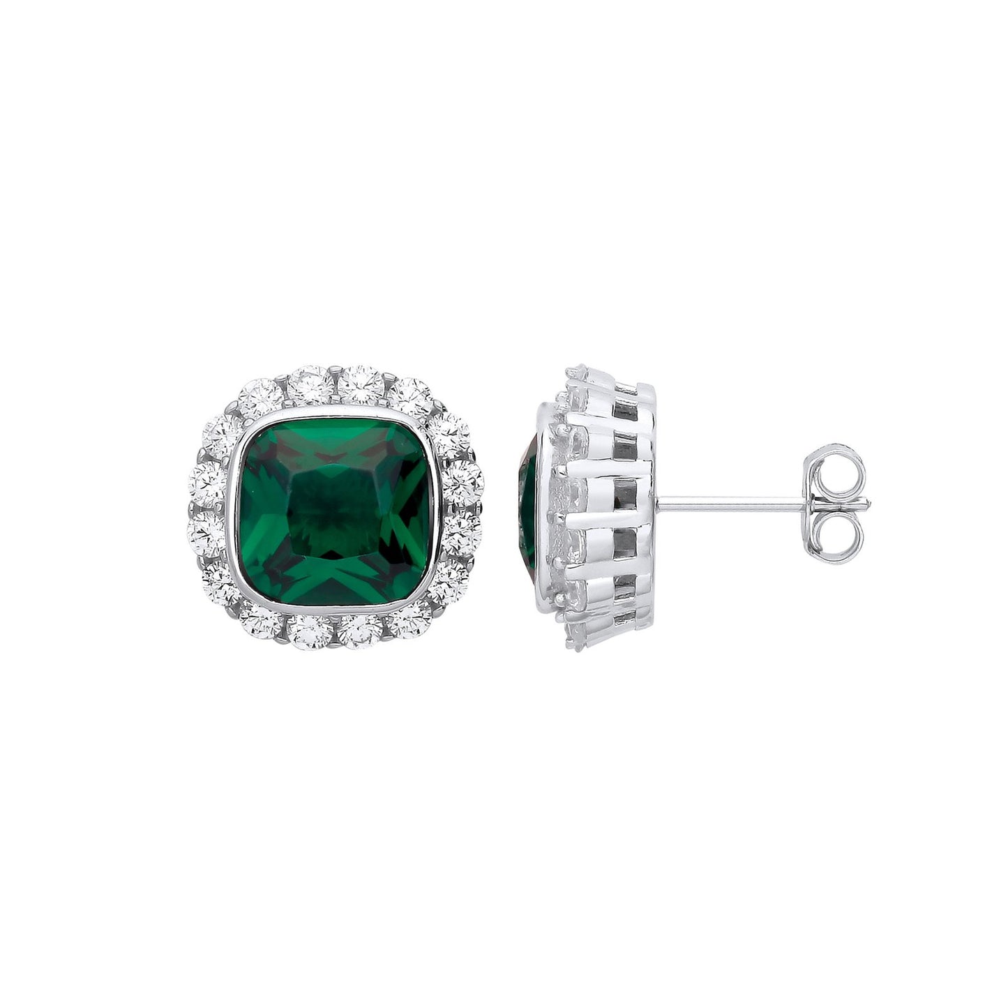 Silver Green Cubic Zirconia Halo Stud Earrings