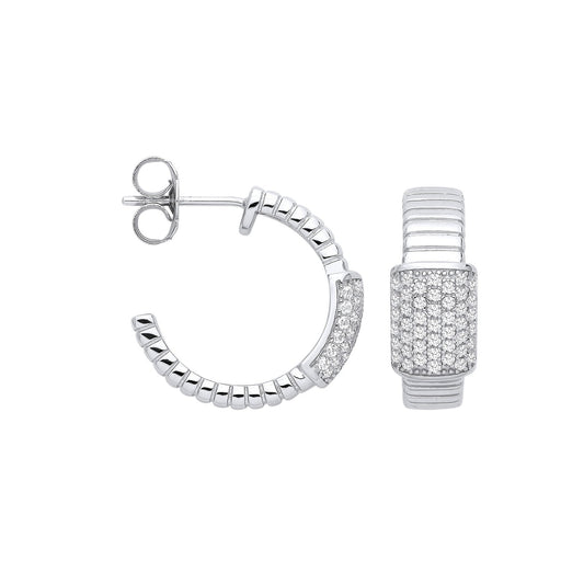 Silver Ribbed Link With Cubic Zirconia Id Plate Earrings
