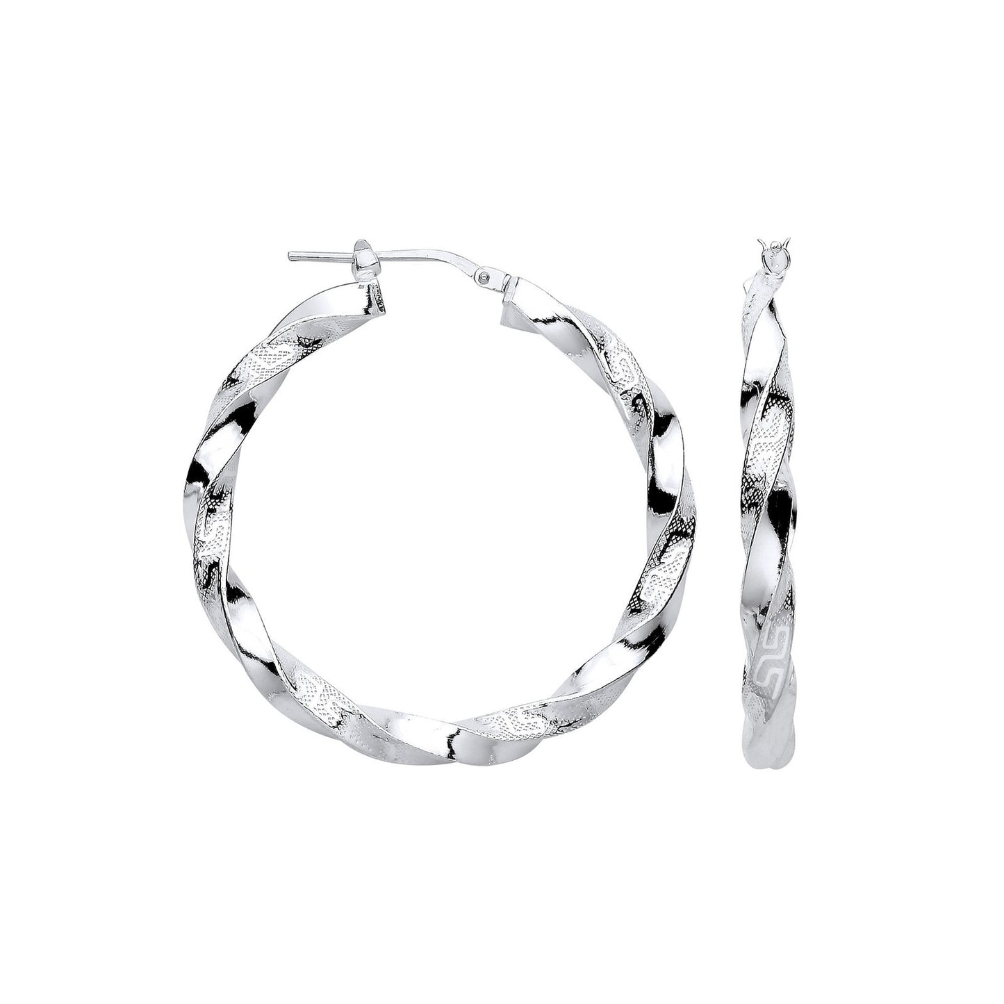 Silver Greek Key Twist Hoop 37mm Earrings