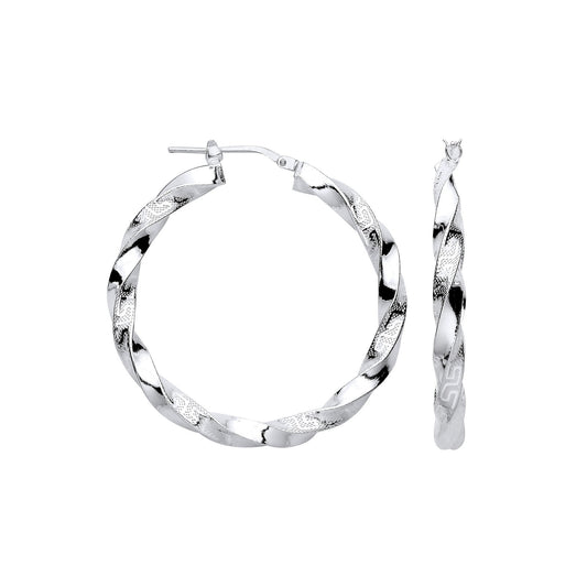 Silver Greek Key Twist Hoop 37mm Earrings