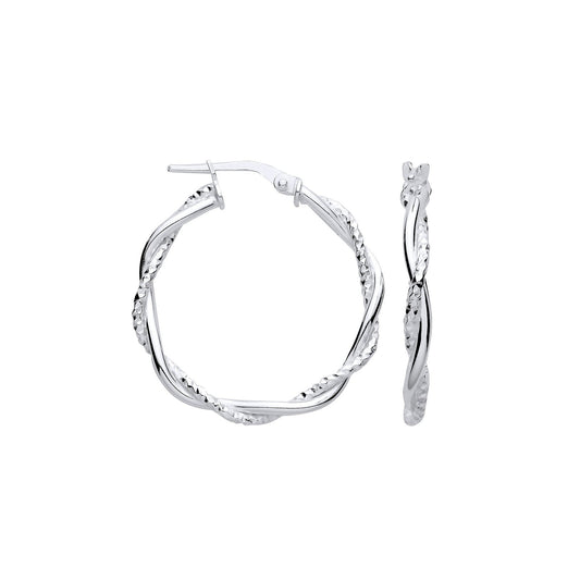 Silver D/c & Plain Twist Medium Hoop Earrings
