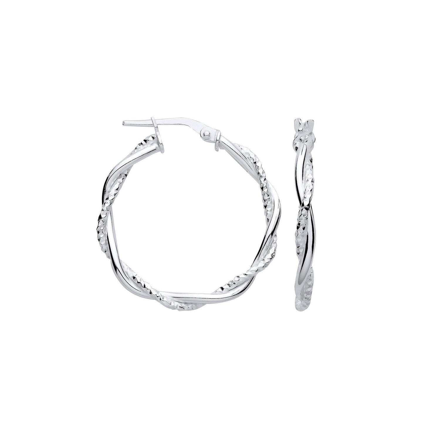 Silver D/c & Plain Twist Medium Hoop Earrings