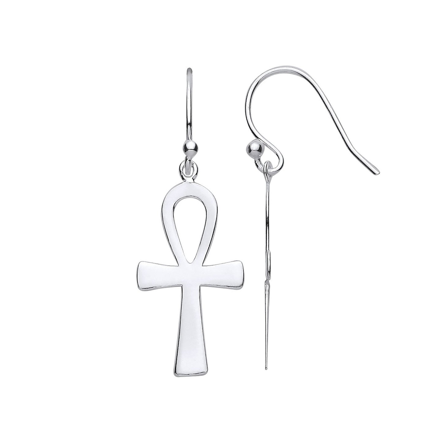 Silver Ankh Cross Drop Earrings With Hook