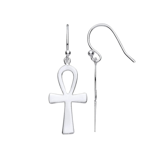 Silver Ankh Cross Drop Earrings With Hook