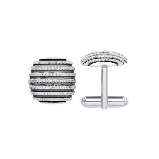 Silver & Black Stripes, Cubic Zirconia Domed Cufflinks