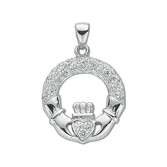 Silver Pave Set Cubic Zirconia Claddagh Drop Pendant