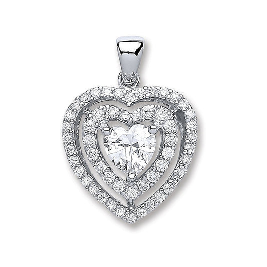 Silver Heart Cubic Zirconia With Two Row Of Cubic Zirconia's Pendant