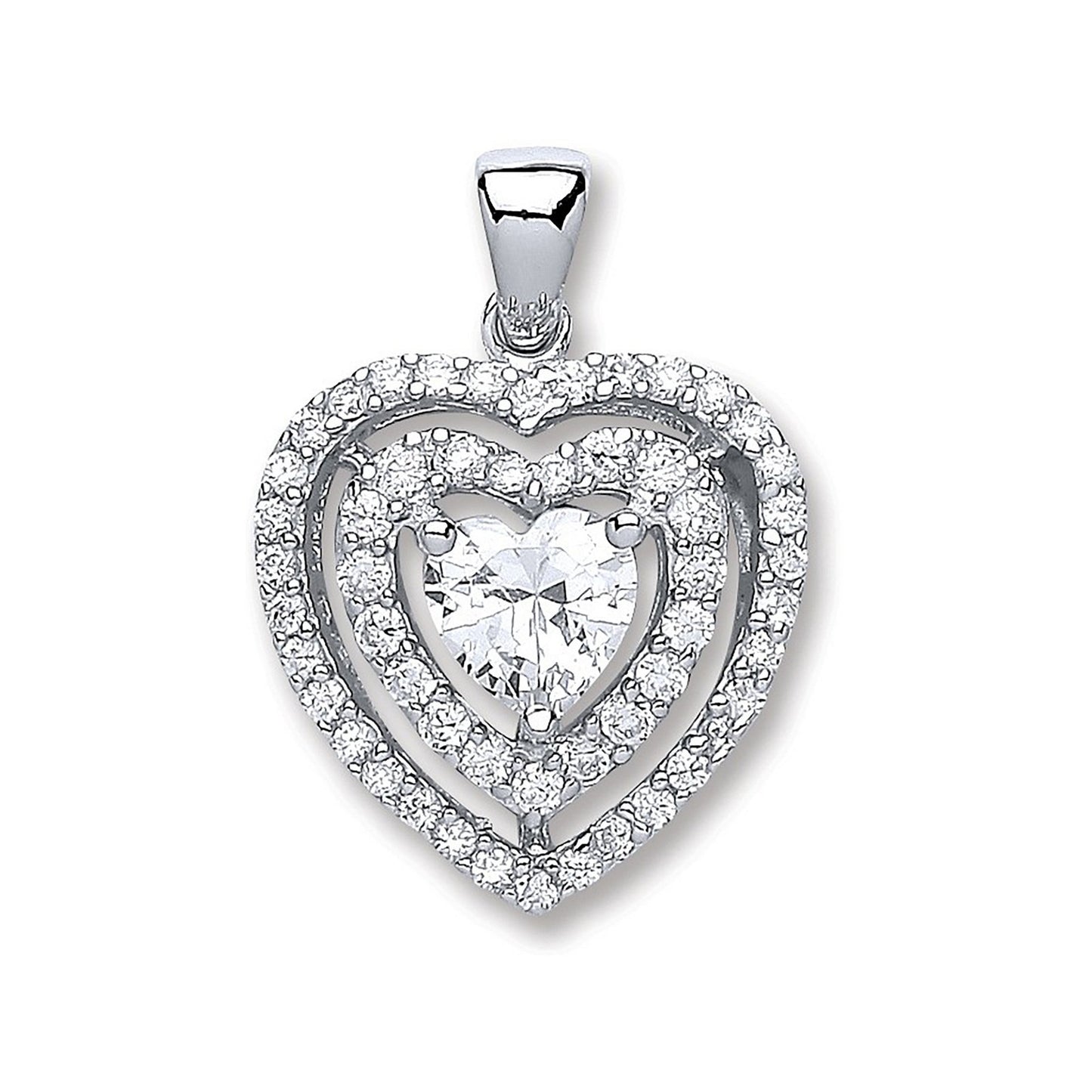 Silver Heart Cubic Zirconia With Two Row Of Cubic Zirconia's Pendant