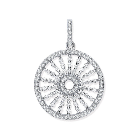 Silver Circle With Burst Lines Cubic Zirconia Pendant