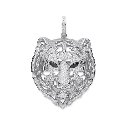 Silver Cubic Zirconia Tiger Head Black Cubic Zirconia Eyes Pendant