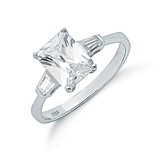 Silver Claw Set Emerald Cut Cubic Zirconia Solitaire Ring