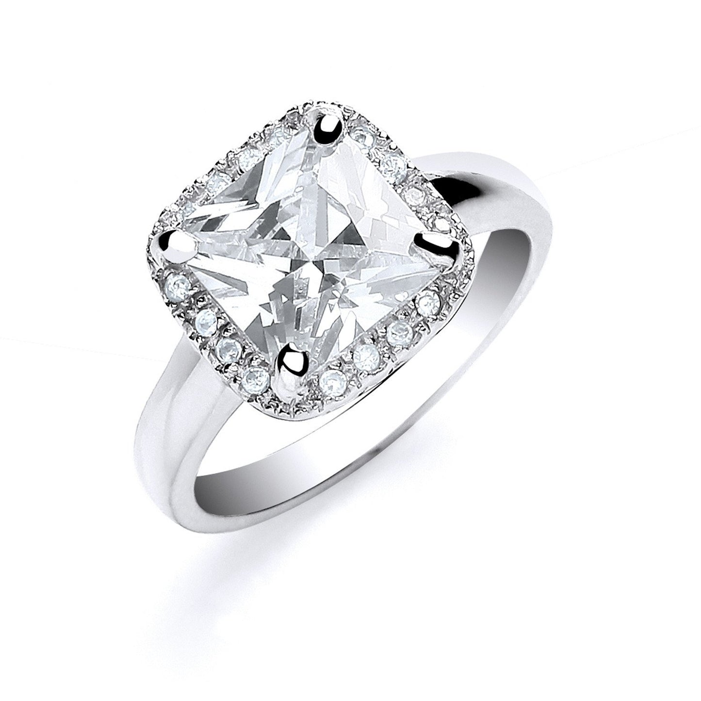 Silver Asscher Cut With Cubic Zirconia Surrounding Ring