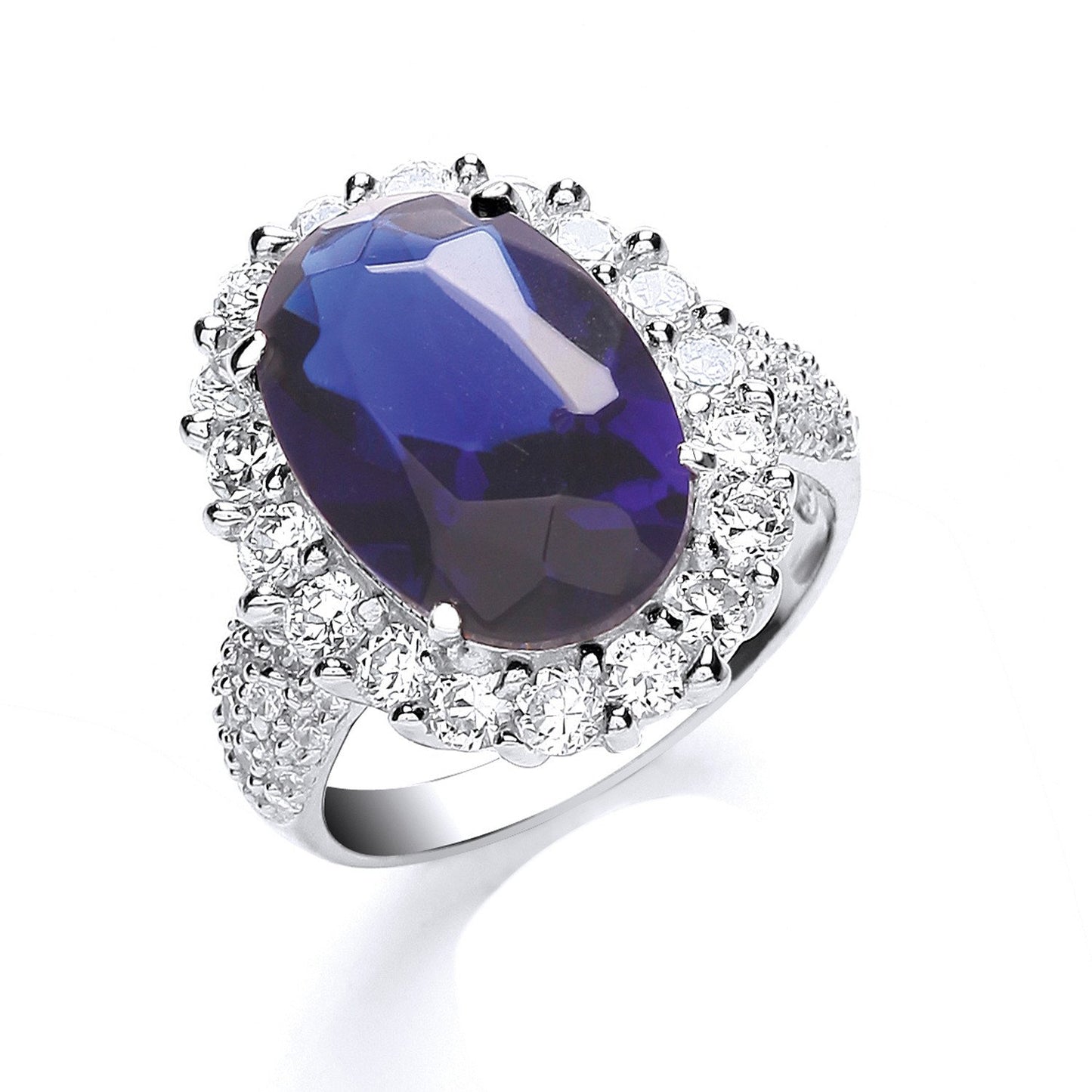 Silver Blue Oval S/s Cubic Zirconia With Cubic Zirconia Surrounding/shld Ring