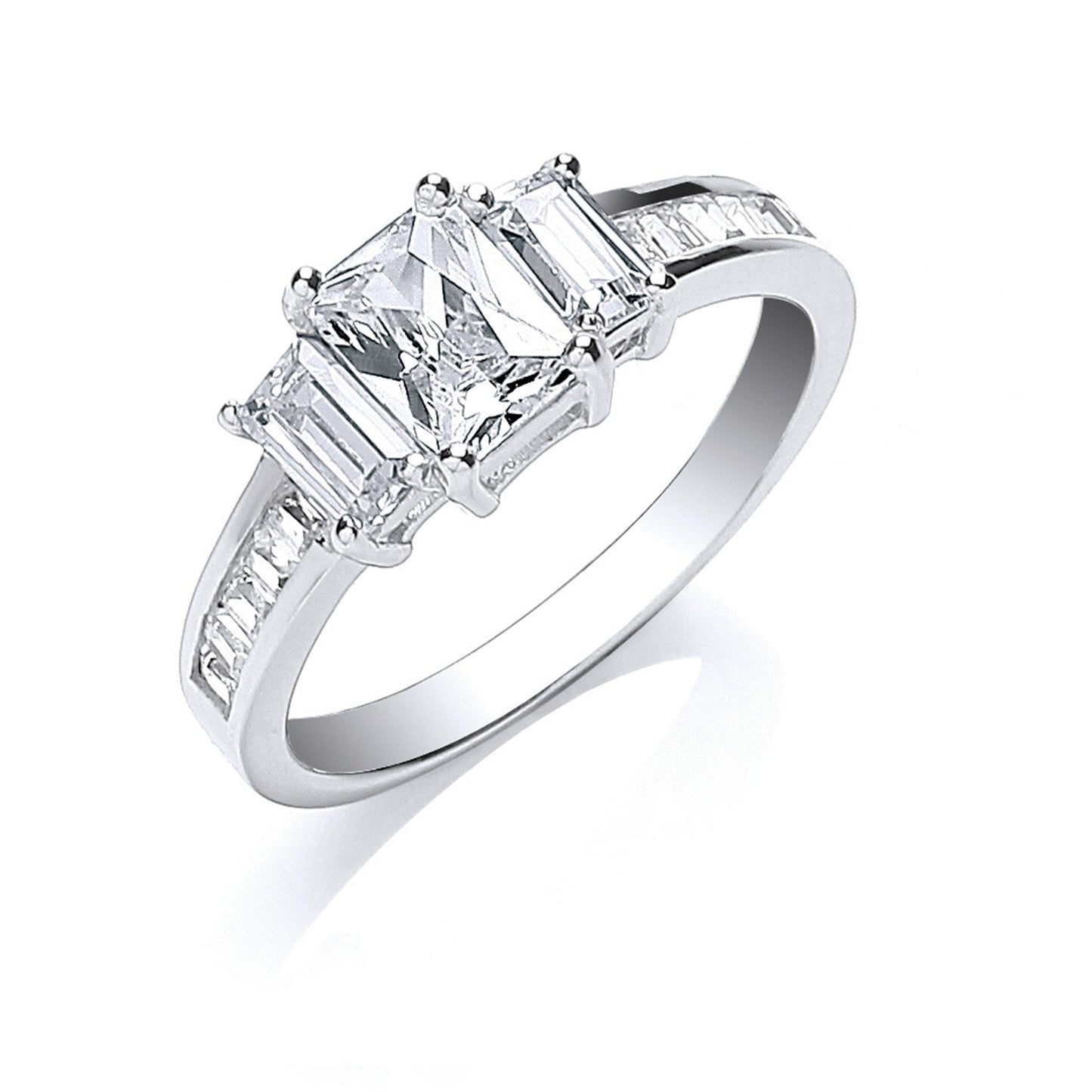 Silver Trilogy With Baguettes Cubic Zirconia & On Shoulder Ring