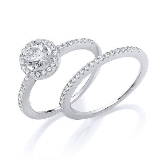 Silver Bridal Set Halo Solitaire With Half Et Cubic Zirconia