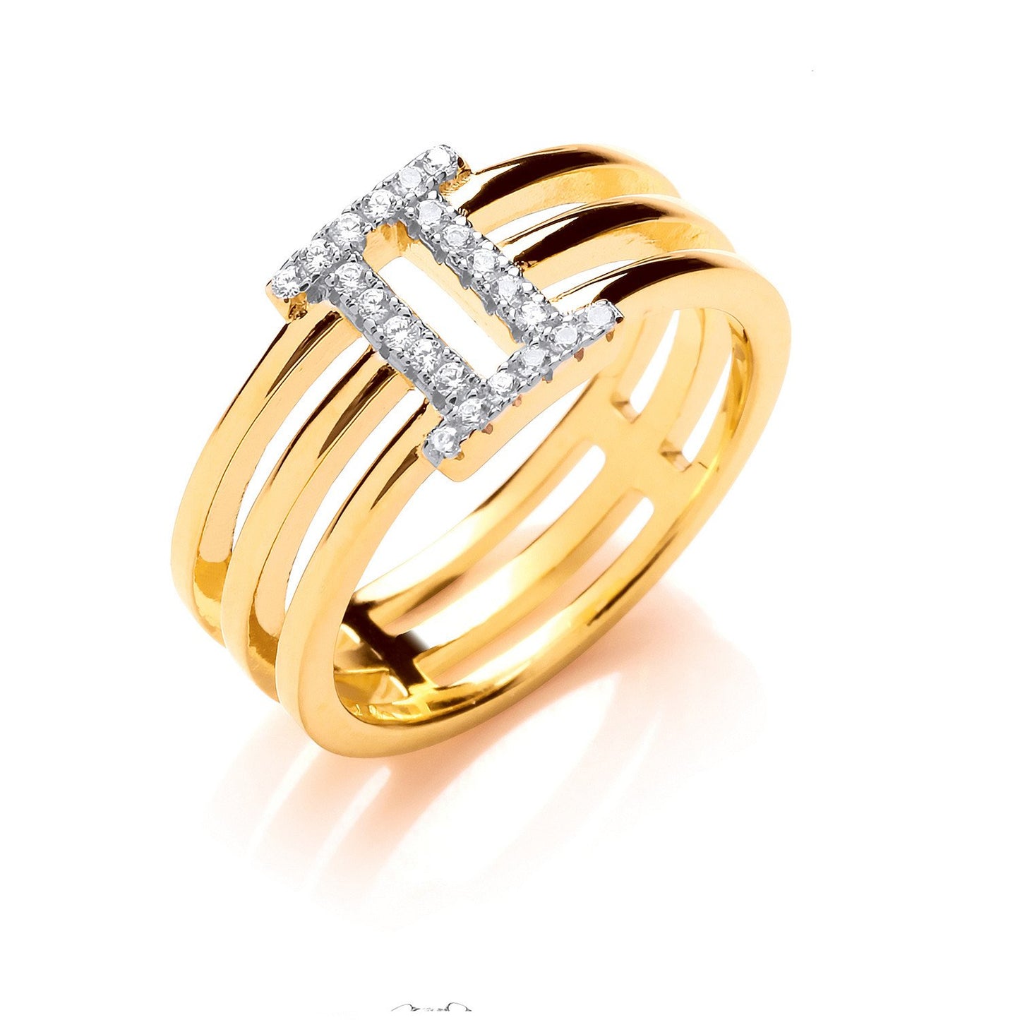 Silver With 14ct Yellow Gold Plated Cubic Zirconia Three Band Ring