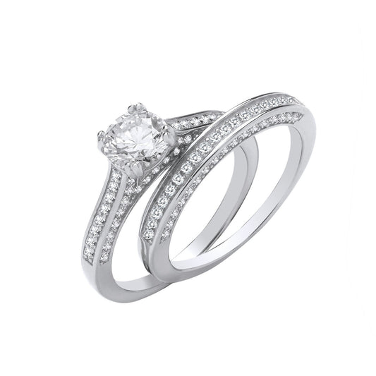 Silver Bridal Set S/s & Shoulder Cubic Zirconias Half Et Rings