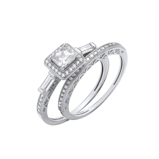 Silver Bridal Set P/cut & Baguette Cubic Zirconias Half Et Rings
