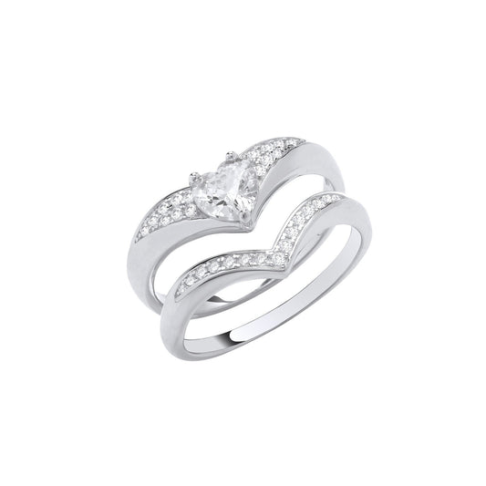 Silver Bridal Set Heart Cubic Zirconia Wishbone Rings