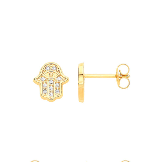 9ct Yellow Gold Hamsa With Evil Eye Cubic Zirconia Studs