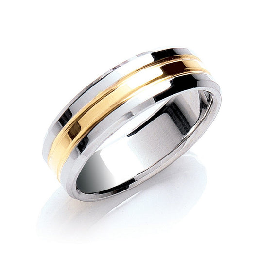 7mm F/c Bevelled Edge Polish Two Colour Wedding Band