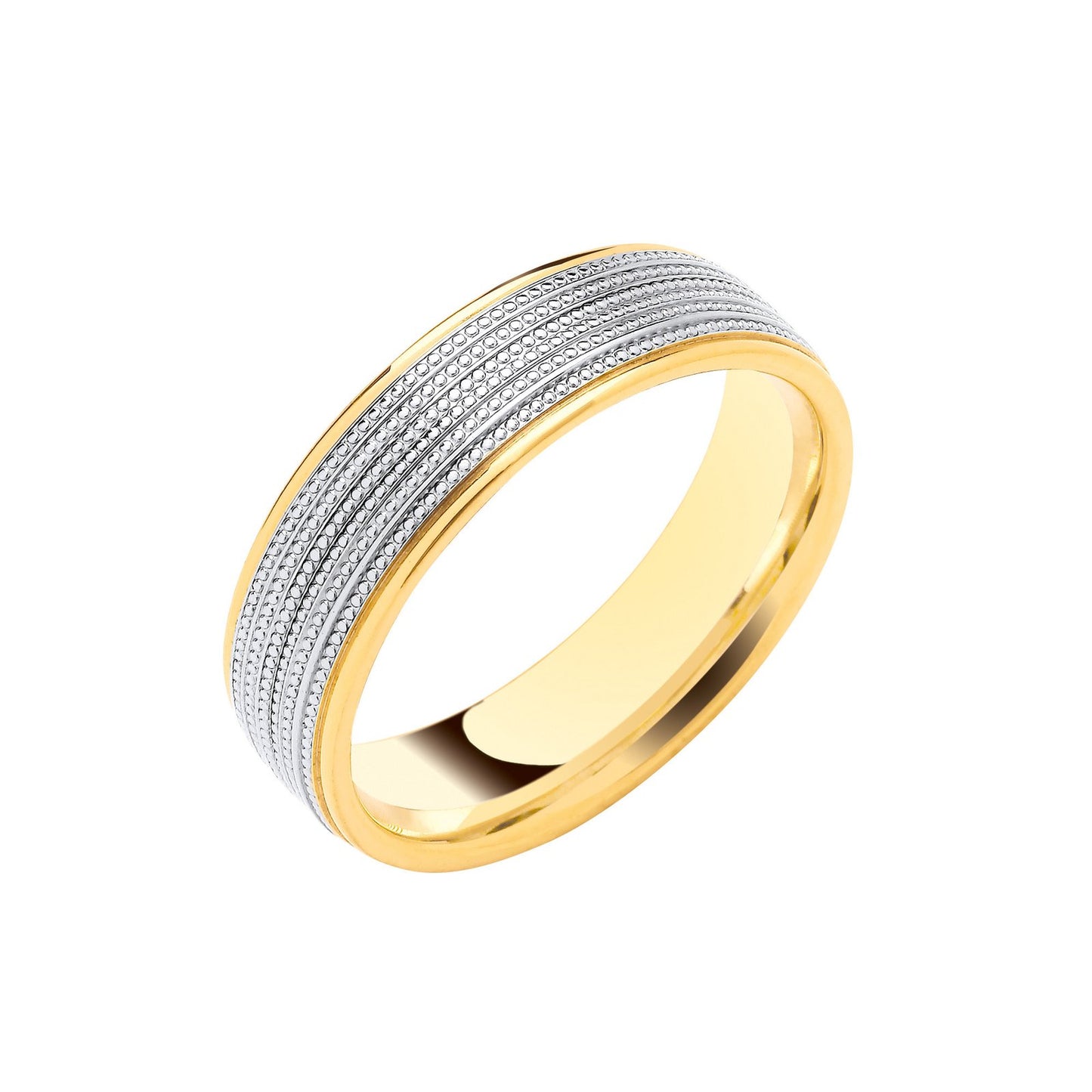 6mm Flat Court Two Colour Mill Grain Centre Wedding Band