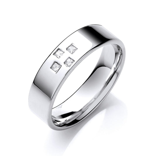 0.08ctw 4st P/c Diamond Set 6mm Flat Court Cross Style Wedding Band