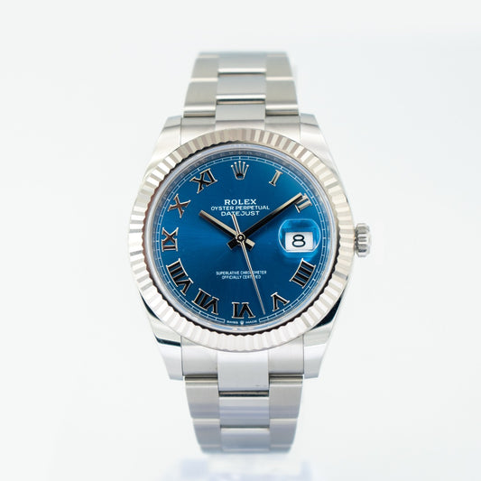 Rolex DateJust 41 126334 Blue Azzurro Dial Oyster Bracelet 2024 Silver Rolex watch with a blue face on a white background