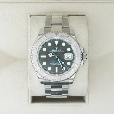 Rolex Yacht-Master 126622 Rhodium Dial 2024 watch with a dark face in a box on a light background