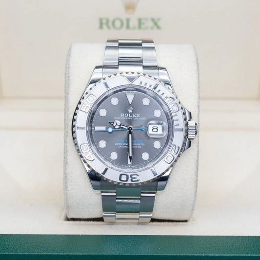 Rolex Yacht-Master 126622 Rhodium Dial 2024 Rolex watch with a gray dial on a white cushion, brand name visible.