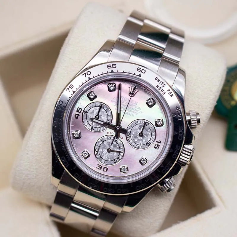Rolex Daytona 116509 Tahitian Mother of Pearl Dial Luxury watch with a MOP face on a white cushion