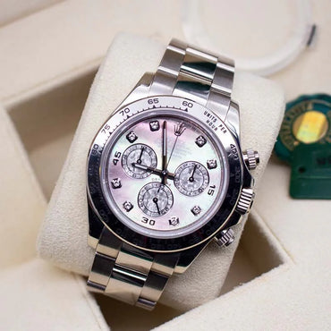 Rolex Daytona 116509 Tahitian Mother of Pearl Dial watch with a detailed face on a white cushion, brand name visible