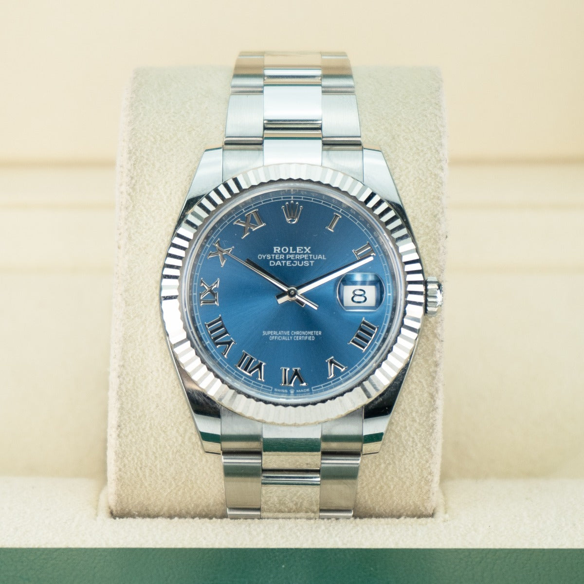 Rolex DateJust 41 126334 Blue Azzurro Dial Oyster Bracelet 2024 Silver Rolex watch with a blue face on a white background
