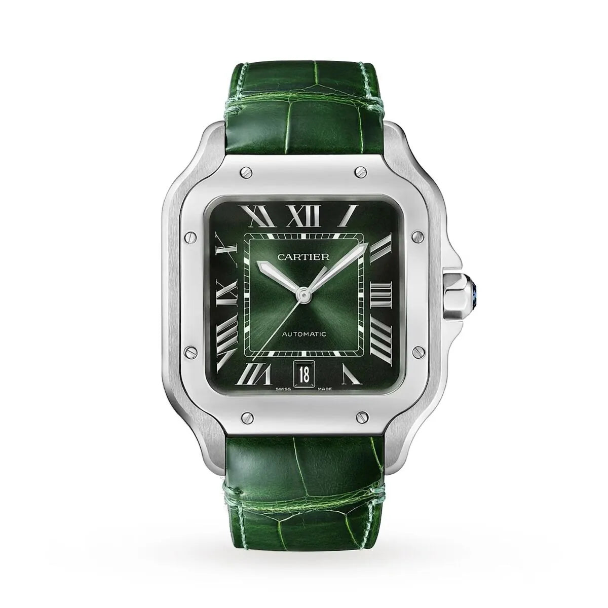 Cartier Santos De Cartier WSSA0062 Large Green Sunburst Dial 2025 Cartier watch with green strap on a white background