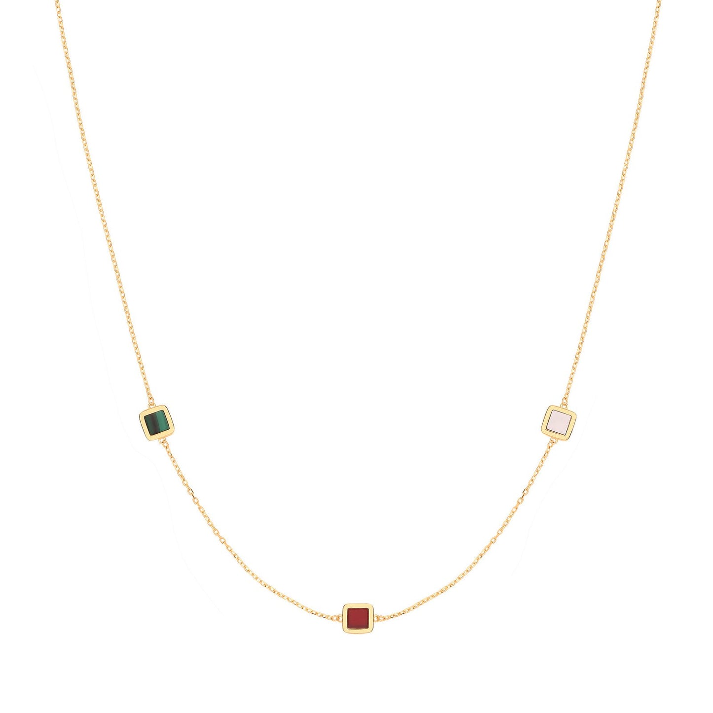 Yellow Gold Rubover Squares, White, Red & Green 18"necklace/07" Bracelet
