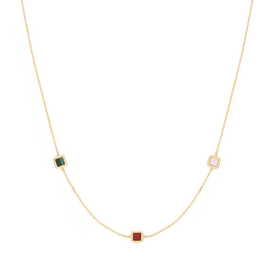 Yellow Gold Rubover Squares, White, Red & Green 18"necklace/07" Bracelet