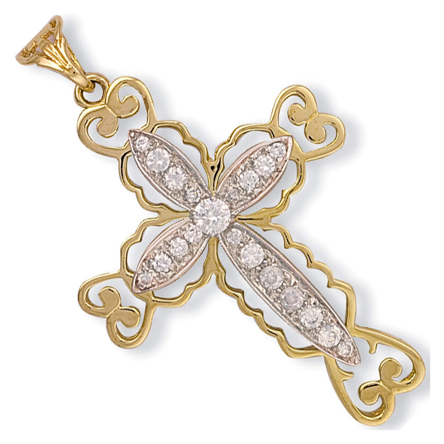 Yellow Gold Fancy Pave Set Cubic Zirconia Cross