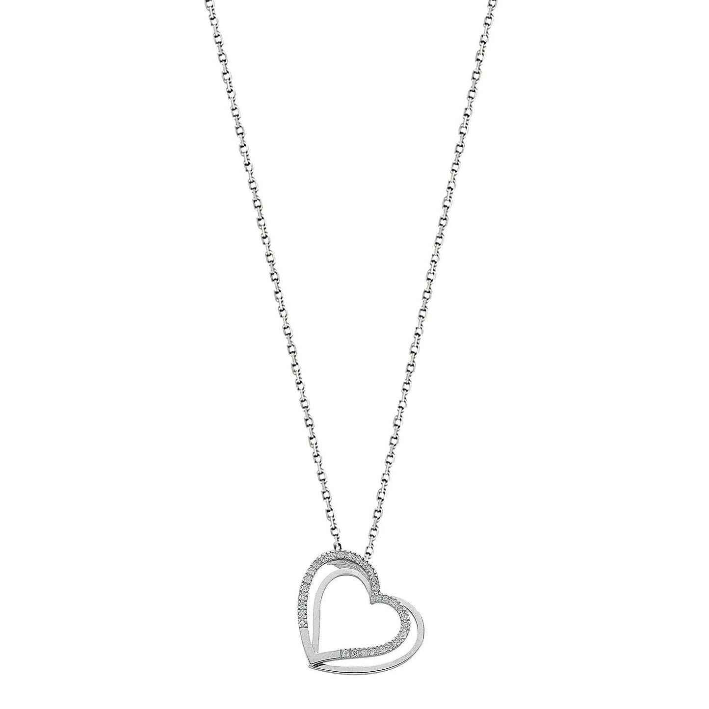 9ct White Gold 0.15ct Diamond Double Heart Pendant With 18in/45cm Chain