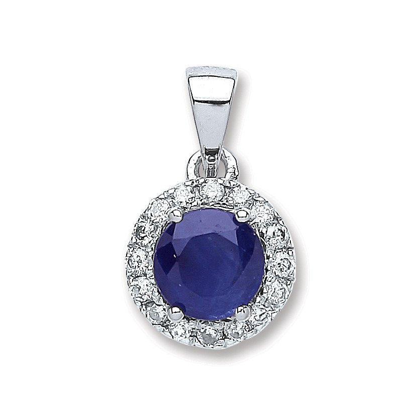 9ct White Gold 0.15ct Diamond, 0.70ct Round Sapphire Pendant