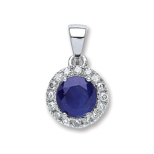 9ct White Gold 0.15ct Diamond, 0.70ct Round Sapphire Pendant