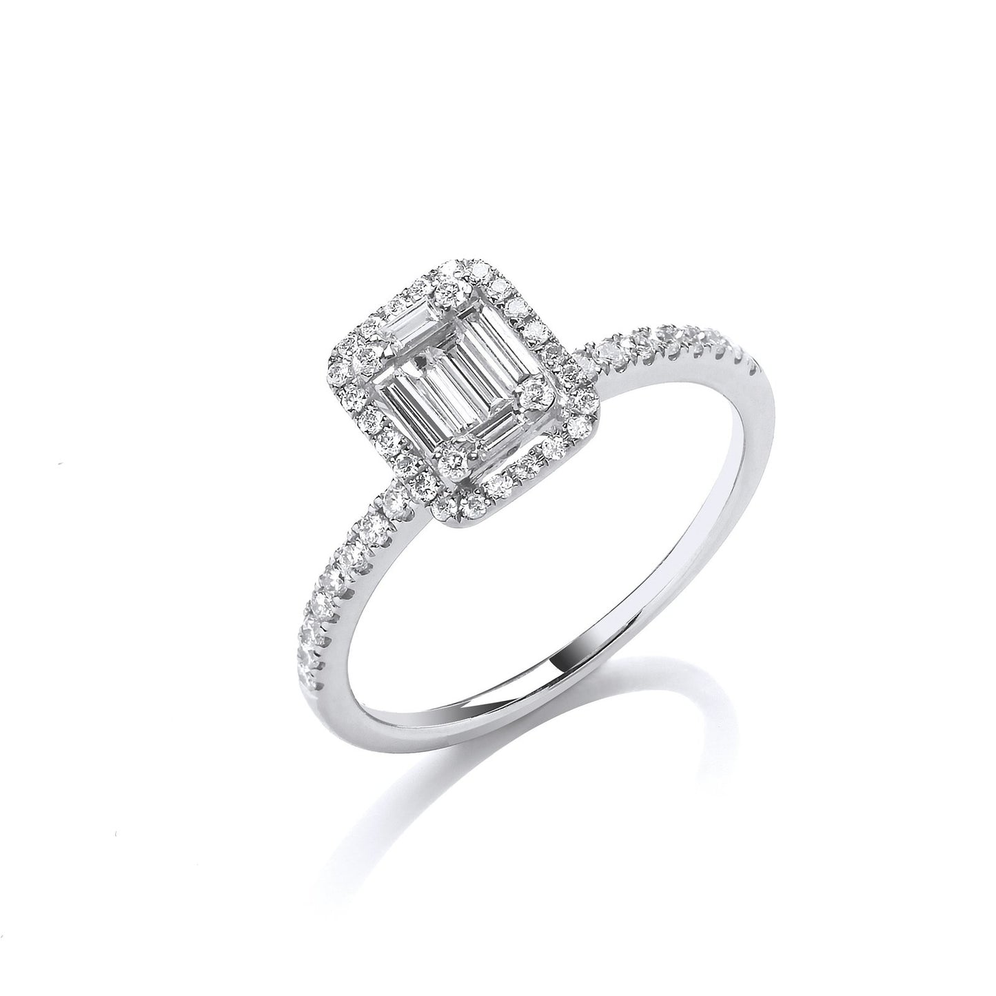 18ct White Gold 0.50ct Baguette & Brilliant Cut Diamonds Rectangle Halo Ring