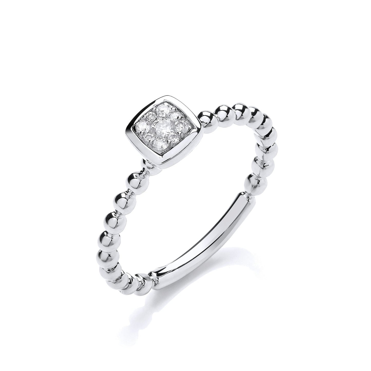 9ct White Gold 0.10ct Beaded Shank Square Top Ring