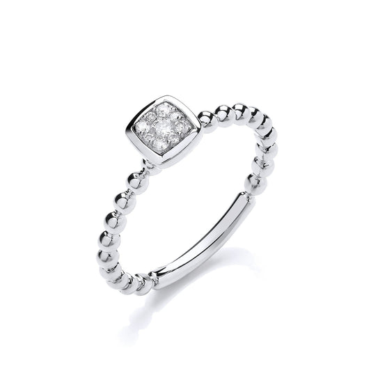 9ct White Gold 0.10ct Beaded Shank Square Top Ring